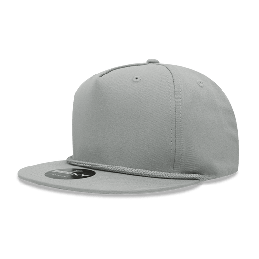 A high-profile structured snapback cap in grey with a flat brim and a decorative band around the base.