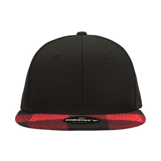 A black snapback cap with a structured high profile and a red plaid bill. Features a logo on the underside of the bill.