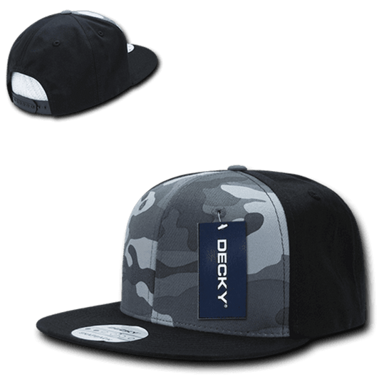 A grey and black camo snapback cap with a structured high profile and a tag, featuring a logo.