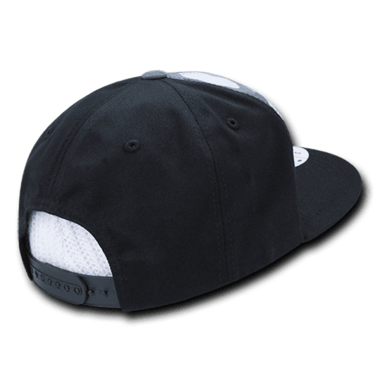 A structured snapback cap in camouflage with a high profile and mesh back, featuring a logo on the side.