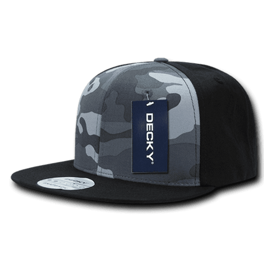 A grey camo snapback cap with a structured high profile and a black brim. It features a branding tag.