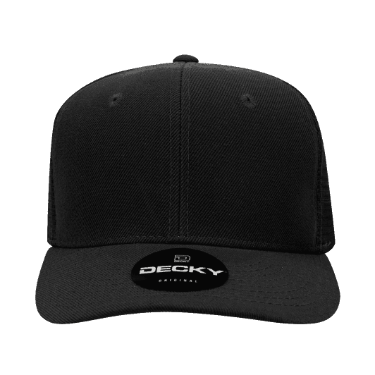 A black 6-panel mid-profile structured trucker cap with a branded logo on the front.