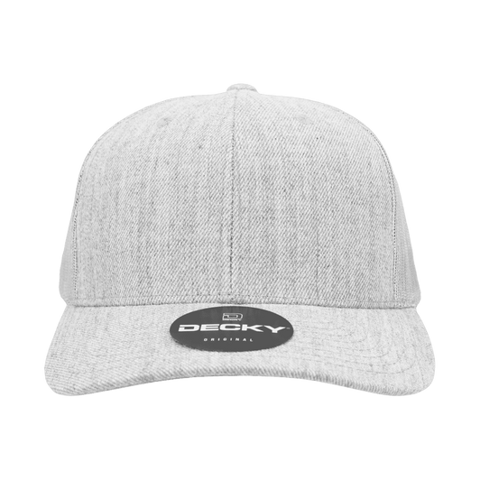 A light grey, six-panel, mid-profile structured trucker cap with a circular logo on the front.