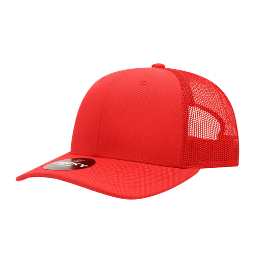 A red 6 panel mid profile structured trucker cap with a mesh back and a logo on the front.