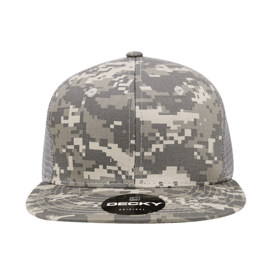 A high-profile structured trucker cap in grey camouflage with a black logo on the front and mesh panels.