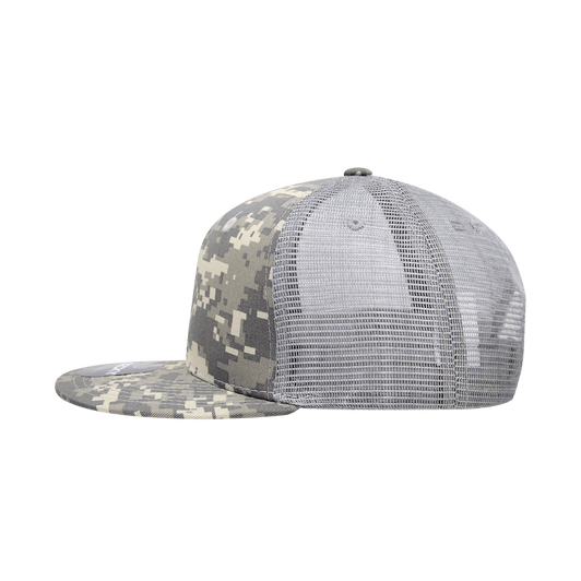 A high-profile structured camo trucker cap featuring a grey and camouflage pattern design with a mesh back.
