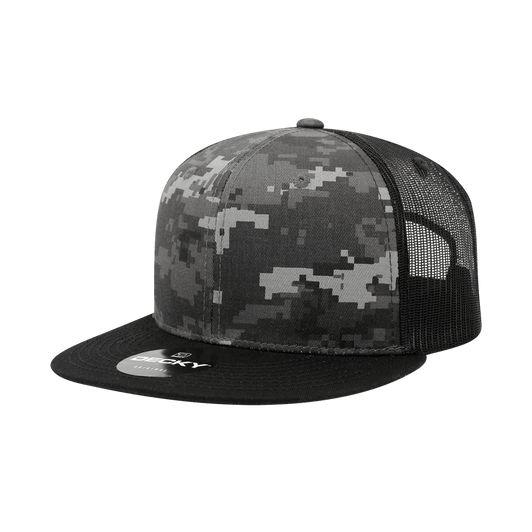 A high-profile structured trucker cap in shades of grey camo with a black mesh back and a flat brim.