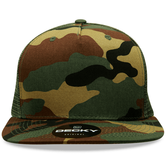 A camouflage-patterned cap featuring a high profile structured design and a brand logo on the front.