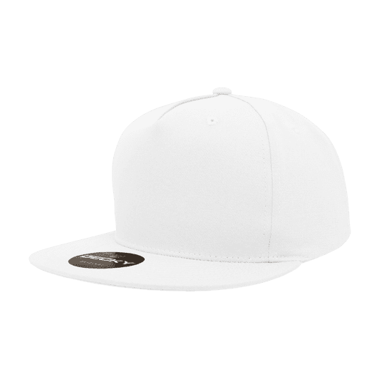 A white 5 panel high profile structured snapback cap with a flat brim and a logo on the front.
