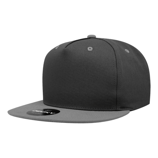 A grey 5 panel high profile structured snapback with a contrasting grey brim, featuring a logo on the side.