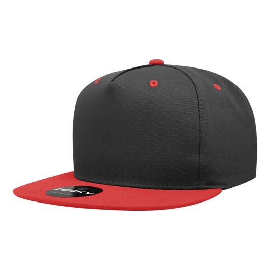 A structured snapback cap featuring a grey body and a red peak, with a logo on the front.
