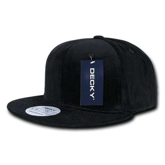 A black corduroy snapback cap with a structured 6-panel design and a tag attached.
