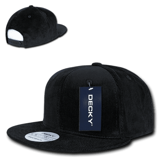 A black corduroy snapback cap with a structured high profile and a tag attached. Features a logo on the front.