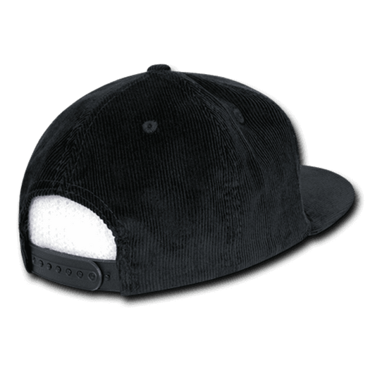 A black corduroy snapback cap featuring a structured high profile design and an adjustable strap at the back.
