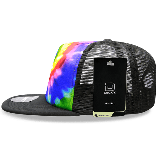 A high-profile structured trucker hat featuring a vibrant tie-dye pattern in multiple colours with a black mesh back.