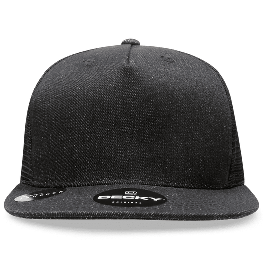 A black structured trucker cap with a flat brim and a mesh back, featuring a logo.