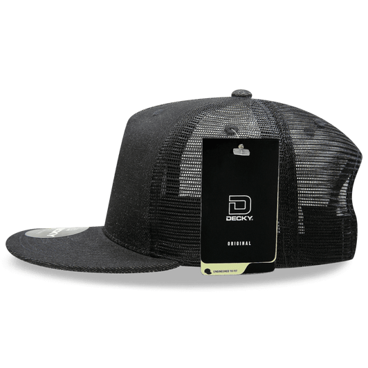 A high-profile structured trucker cap in black with a mesh back and a tag attached.
