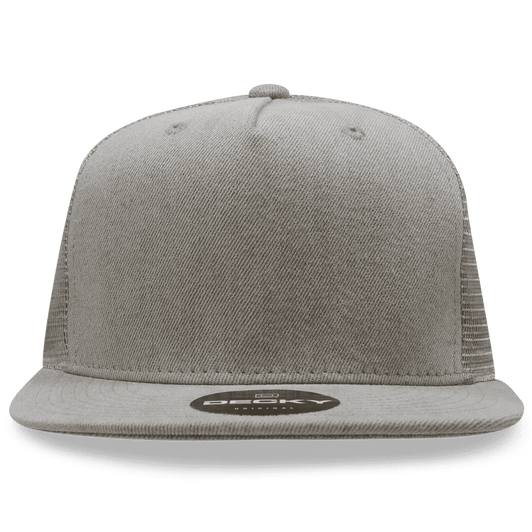 A grey 5 Panel High Profile Structured Trucker cap with a logo on the front and mesh sides.