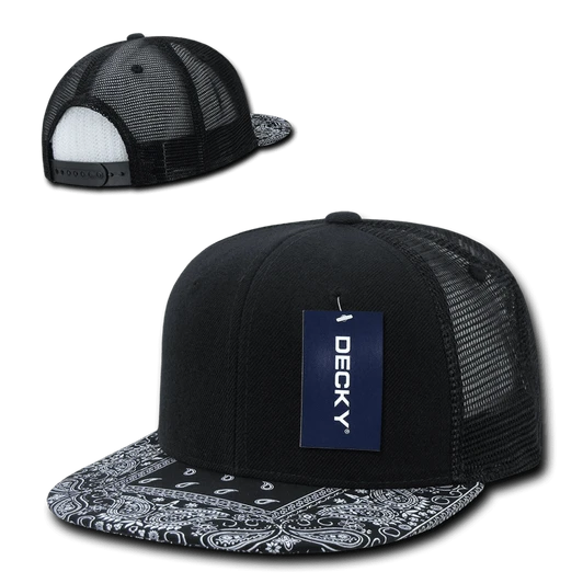 A black high-profile structured trucker cap with a patterned brim and a mesh back, featuring a logo tag.