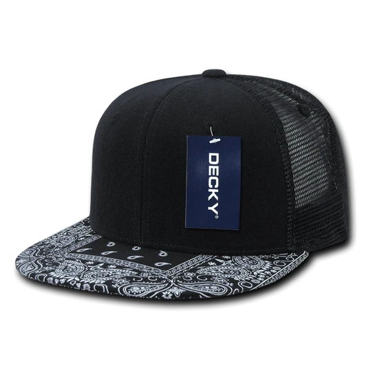 A black high-profile structured trucker hat with a patterned bandanna brim and a mesh back. It has a logo tag.