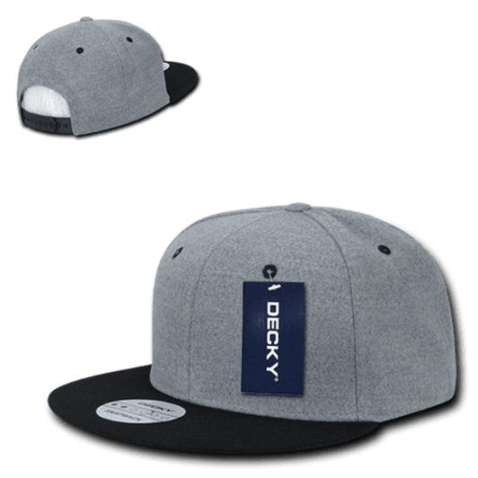 A grey and black snapback cap with a structured high profile and a logo on the front.