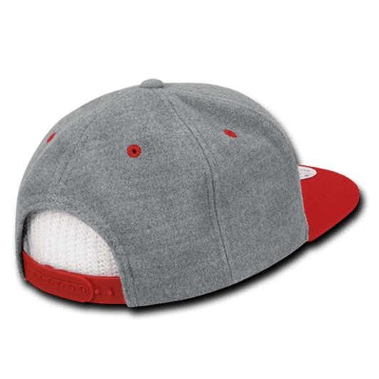 A grey and red high profile structured snapback cap featuring a mesh panel and a logo on the side.