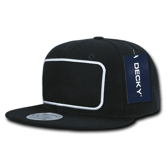 A black structured snapback cap with a patch area for custom designs and a branding tag.
