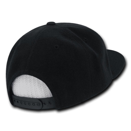 A black high profile structured snapback cap featuring a back mesh panel and an adjustable strap.