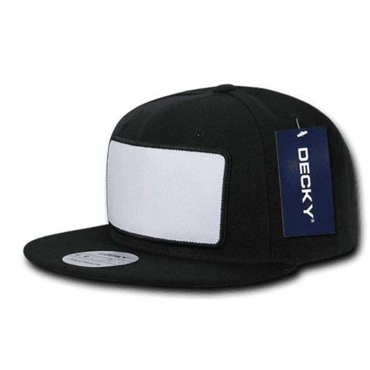 A black 6-panel high profile structured snapback hat featuring a blank white patch and a brand tag attached.