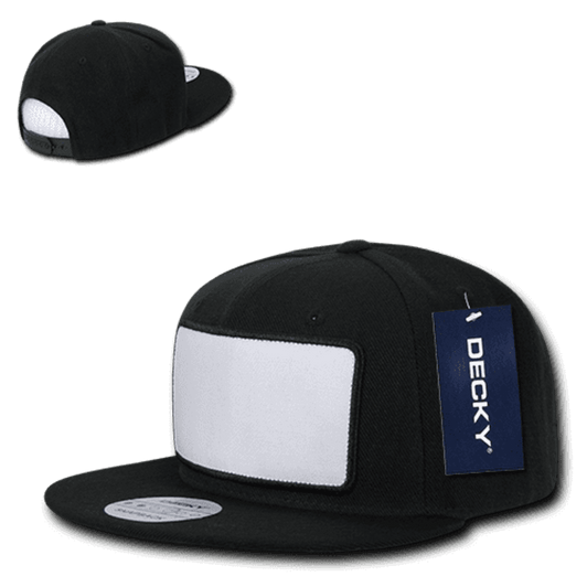 A black high profile structured snapback cap with a white patch. The cap features a logo and a swing tag.