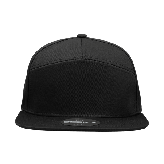 A structured black cap featuring a 7-panel design, with a flat brim and a logo on the front.