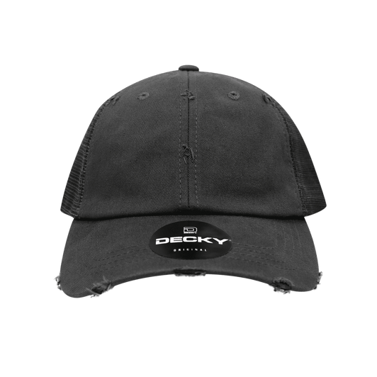 A black vintage trucker cap featuring a distressed design and a brand logo on the front.