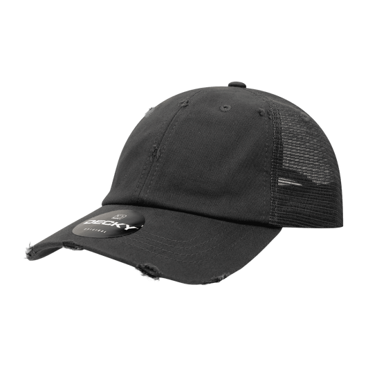 A black low profile relaxed vintage trucker cap with mesh sides and a logo on the front.