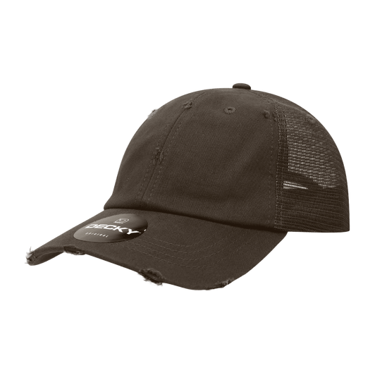 A brown vintage trucker cap with a relaxed fit and mesh backing, featuring a logo on the front.