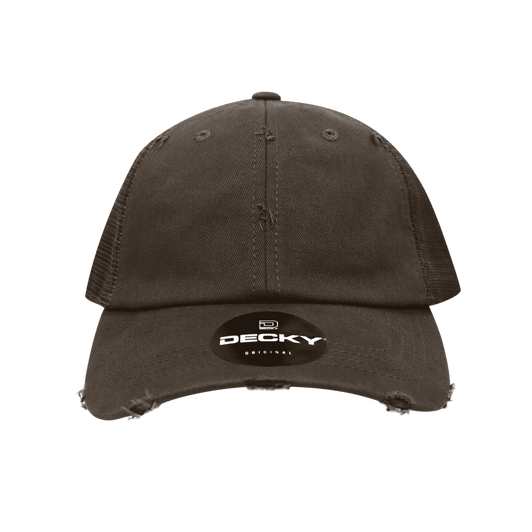 A brown vintage trucker cap with a distressed look, featuring a logo on the front.