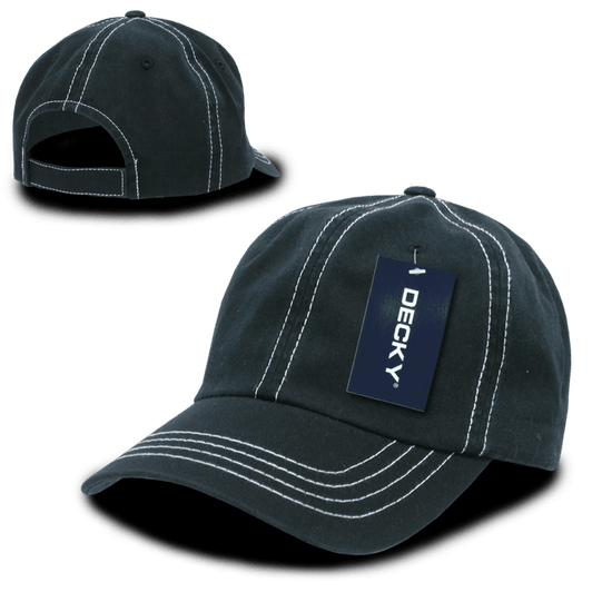 A black 6 panel low profile relaxed dad hat featuring contrasting stitching and a tag with a logo.