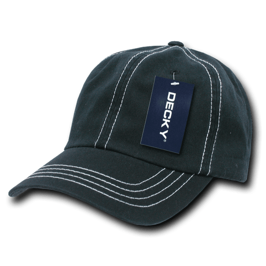 A black 6-panel low profile relaxed dad hat with contrasting white stitching and a tag attached.