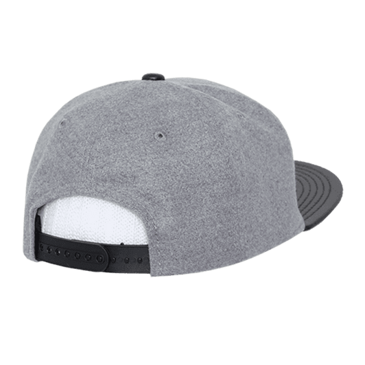 A grey melton snapback hat with a structured high profile and a black peak, featuring a logo on the back.