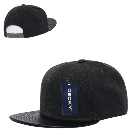 A black 6 panel high profile structured Melton snapback cap with a flat brim and a branding tag.