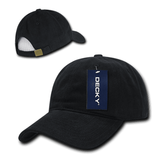 A black 6 panel low profile relaxed dad hat with a tag and a logo on the side.