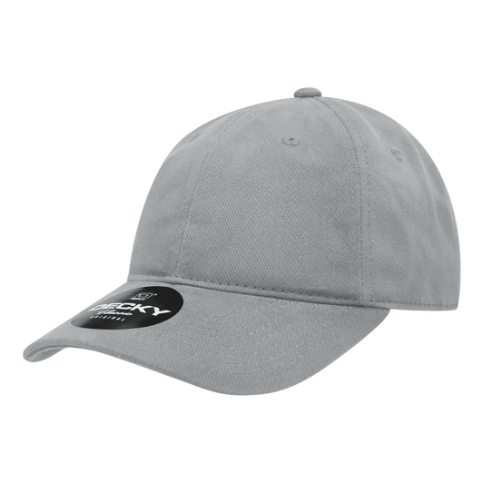 A grey six-panel low profile relaxed dad hat with a curved visor and a logo on the front.