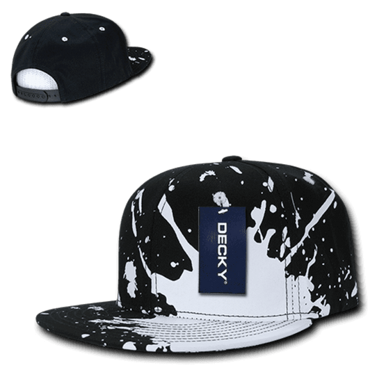 A black and white splattered snapback cap featuring a structured high profile and a logo on the front.