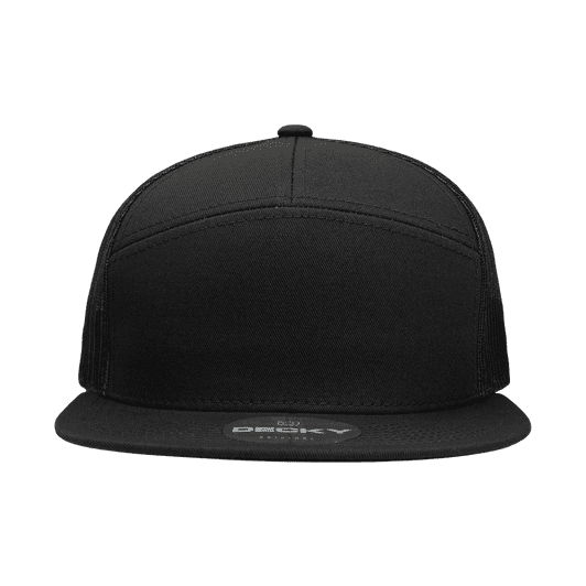 A black 7 panel high profile structured trucker cap with a flat brim and a logo on the front.