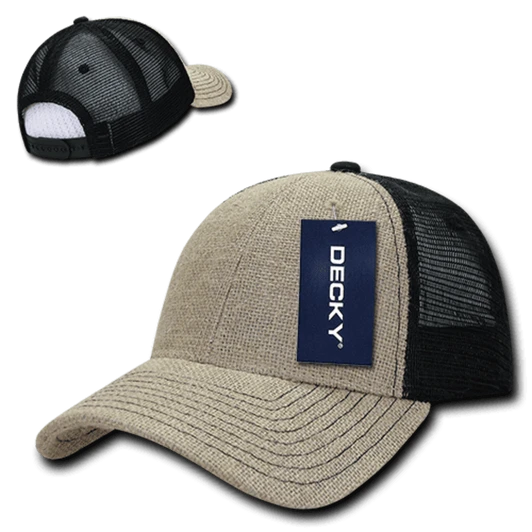 A jute trucker cap in tan and black, featuring a structured low profile and a branding tag.