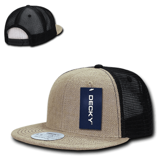 A high-profile structured jute trucker cap in beige and black, featuring a logo and mesh back.