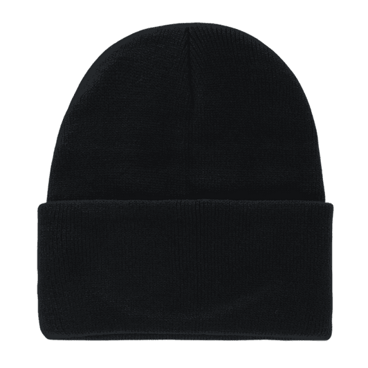 A black long beanie with a folded cuff, featuring a simple design and a branding logo.