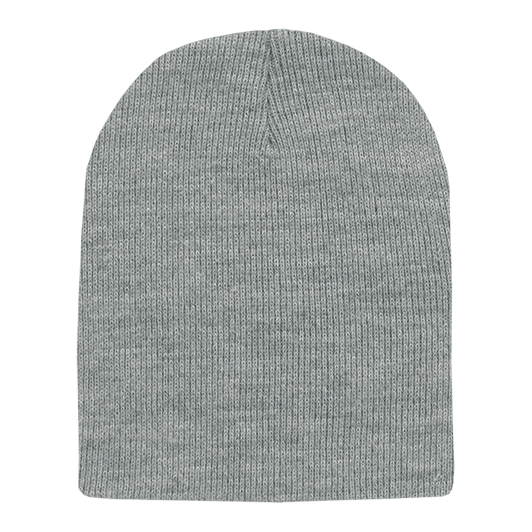A grey beanie with a ribbed texture, featuring a simple design and a rounded crown.