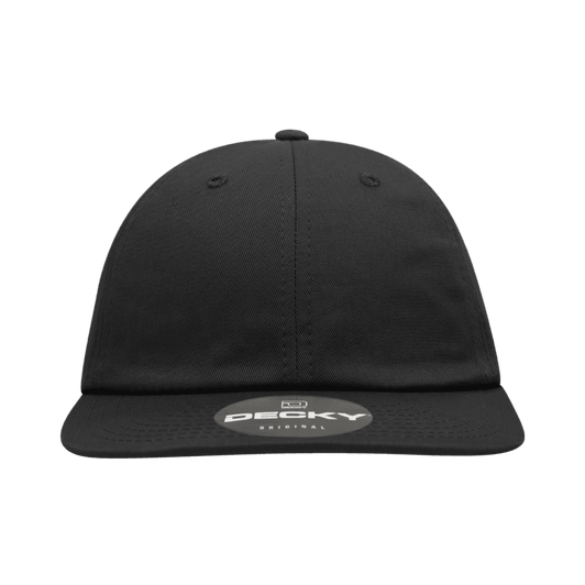 A black flat bill cap with a textured brim and a logo on the front.