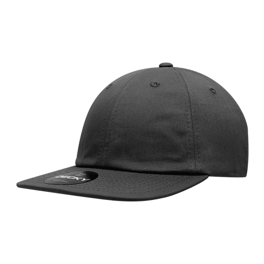A flat bill cap in dark grey with a rounded crown and a flat brim. It features a logo on the side.