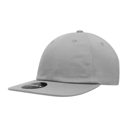 A grey relaxed flat bill cap with a rounded top and a small logo on the side.